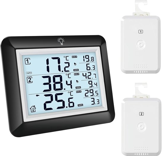 Koelkastthermometer, digitaal met alarm, vriesthermometer met 100 m bereik, achtergrondverlichting, -40 °C tot 60 °C meting, max/min waarden, geschikt voor keuken en restaurant