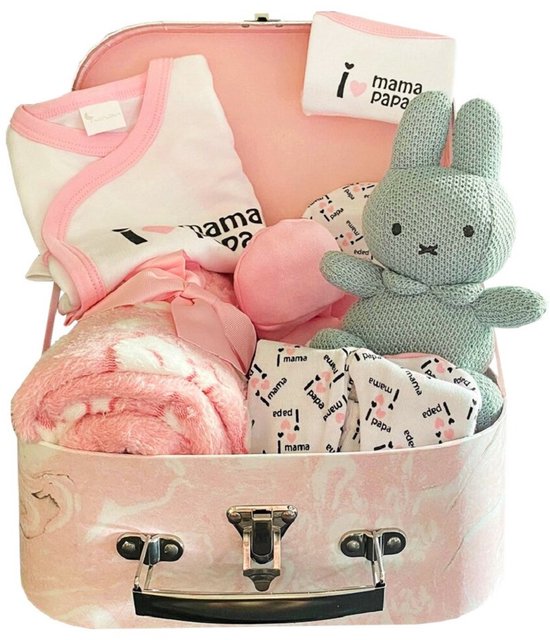 Koffertje gevuld met baby artikelen - Marmer-roze kleur - 25cm. van Kidzroom
