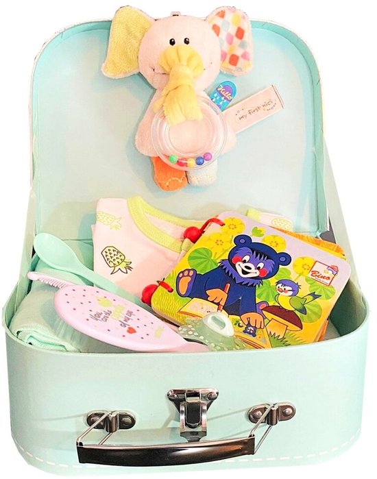 Koffertje gevuld met baby artikelen - Mint groene kleur - 25cm. van Mamaloes