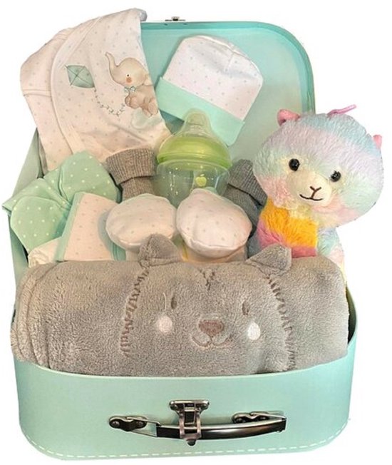 Koffertje gevuld met baby artikelen - Mint groene kleur - 30cm