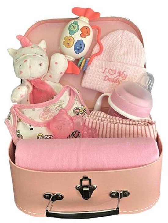 Koffertje gevuld met baby artikelen - roze - 25cm van Merkloos