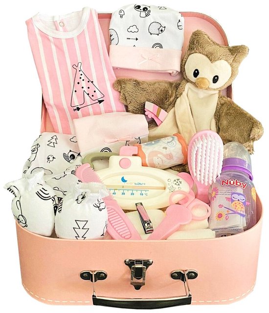 Koffertje gevuld met baby artikelen - roze - 30cm van Merkloos