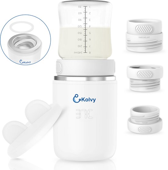 Kolvy® Flessenwarmer Onderweg - Intelligente Flesverwarmer - Bottle Warmer - 4 Temperatuurniveaus - Draadloos - Inclusief 3 Adapters - USB Oplaadbaar van Merkloos