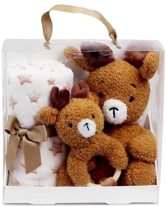 Kraam cadeau baby - Baby geschenkset Hert - Knuffel, bijtring en babydeken 90x75 cm - Babyshower cadeau - Baby cadeau in luxe geschenkverpakking van Merkloos