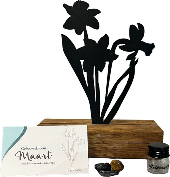Kraam cadeau - geboorte bloem beeld- Maart- Narcis - mét tandendoosje / potje / haarlokpotje en beschermende edelsteentjes - metaal in houten sokkel - uniek design van Artigeagentur