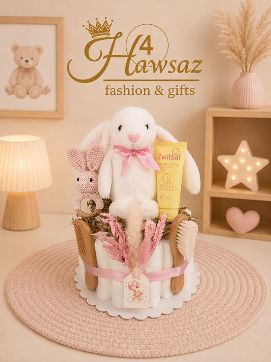Kraamcadeau 7 stuks - Hawsaz.nl cadeau - Gepersonaliseerd -Speenkoord - Rammelaar - Zwitsal - Babyversorging - Babyshower - Geboortecadeau - Babyspeelgoed - Wagenspanner - Badcape - Newborn van $