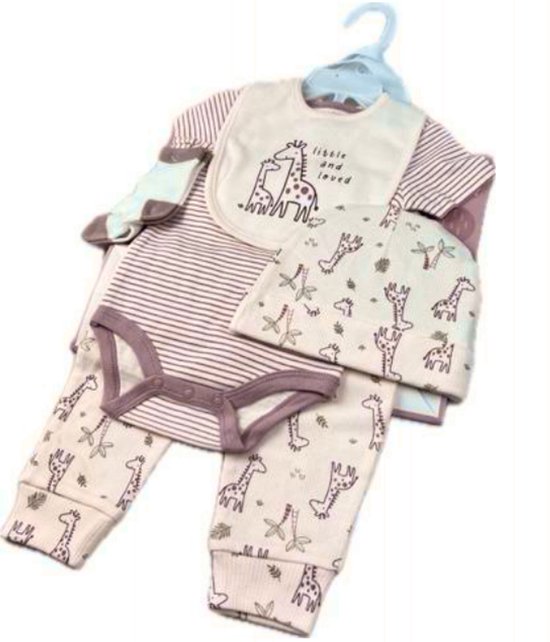 Kraamcadeau Baby 6-delig – Baby Geschenkset – Geboortecadeau – Newborn Cadeau – Romper Set met Legging, Slabbetje, Muts en Babysokjes – Babyshower Cadeau – Inclusief Cadeautas – Maat 62/68