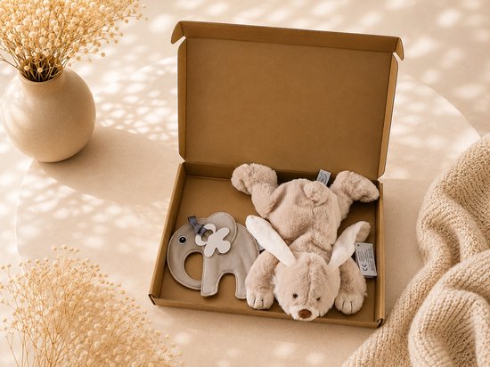 Kraamcadeau Baby Beige - Knuffel & Speenkoord - Luxe Cadeauset - Past door de Brievenbus - neutraal - jongen - meisje - kraampakket - babyshower - geschenkset