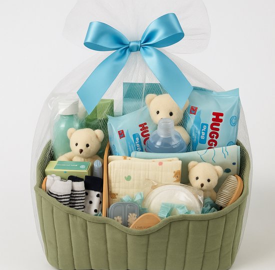 Kraamcadeau Baby Boy- Luxe Kraammand- Complete Baby & Mama Verzorgingsmand- 25 delige Giftset- Premium Maternity Basket van Merkloos