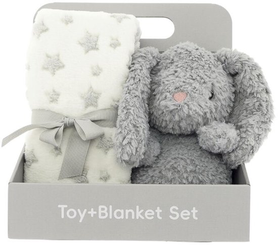 Kraamcadeau Baby Cadeauset – Knuffel konijn met Babydeken Sterren – Baby Geschenkset – Geboorte Cadeau