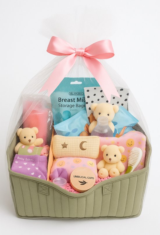 Kraamcadeau Baby Girl - Luxe Kraammand- Complete Baby & Mama Verzorgingsmand- 25 delige Giftset- Premium Maternity Basket van Merkloos