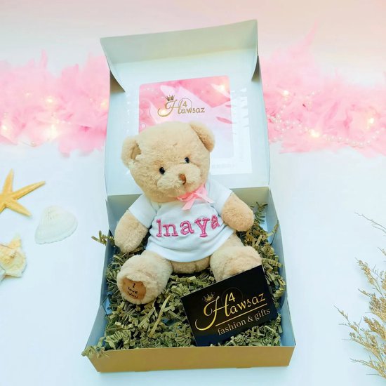 Kraamcadeau - Baby knuffel - Hawsaz.nl cadeau - Babygeschenk - knuffel met naam - kraamcadeau met naam - kado - Teddy beer - Lief - knuffel beer 18 cm - Naam Personaliseren - Babyshower cadeau - voor jongen en meisje - Geborduurd - Tweeling cadeau van Hawsaz.nl