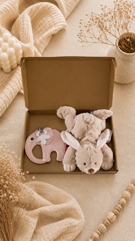 Kraamcadeau Baby – lichtroze – beige – Knuffel & Speenkoord – Luxe Cadeauset – Past door de Brievenbus – baby meisje – kraampakket – babyshower – geschenkset