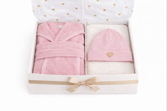 Kraamcadeau Baby – Luxe Baby Giftbox Roze – Badjas, Muts & Slab – Geboortecadeau jongen meisje van Merkloos
