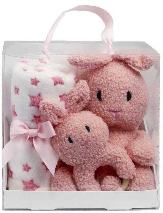 Kraamcadeau baby meisje - Baby geschenkset Konijn - Roze knuffel, bijtring en babydeken 90x75 cm - Baby cadeau - Babyshower geschenk in luxe verpakking van Merkloos