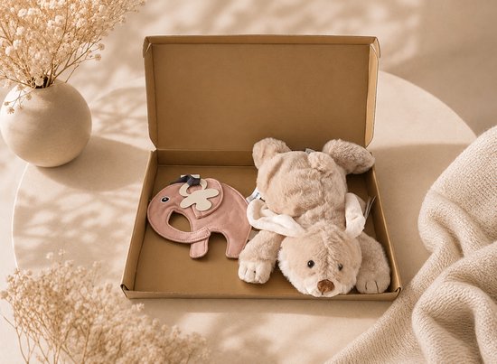 Kraamcadeau Baby – roze – beige – Knuffel & Speenkoord – Luxe Cadeauset – Past door de Brievenbus – baby meisje – kraampakket – babyshower – geschenkset