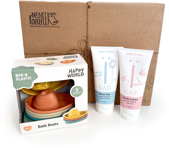 Kraamcadeau badpret - baby giftset - 3 cadeaus - badbootjes - Naif bodylotion - Naif washgel - babyshower - baby geschenkset - badspeelgoed - duurzame cadeaus - jongen - meisje - unisex van Naïf