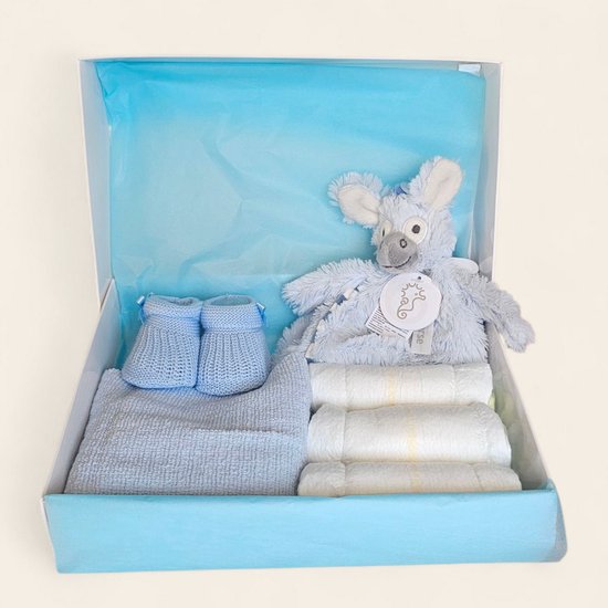 Kraamcadeau blauw met Happy Horse Donkey Dallas, spuugdoekje slofjes en pampers van Pippo Knuffeldoekje.
