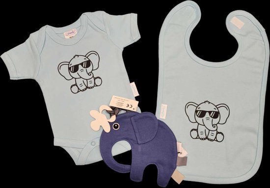 Kraamcadeau -blauw - olifant - slab - speendoek - romper - maat 50/56. van Puckababy