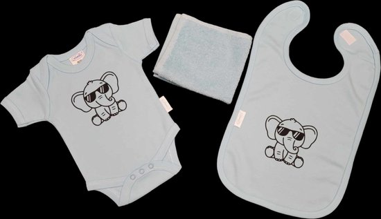 Kraamcadeau -blauw - olifant - slab - spuugdoek - romper - maat 50/56. van Jollein