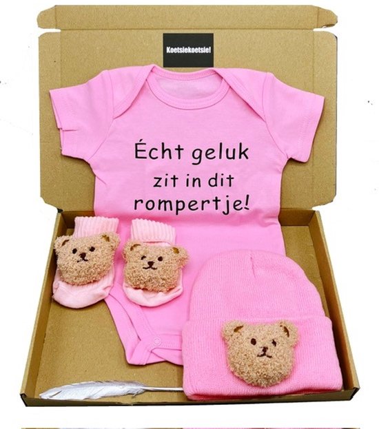 Kraamcadeau brievenbus, kraamcadeau meisje brievenbuspakket, roze romper, babymuts en babysokjes, kan ook rechtstreeks als cadeau van Merkloos
