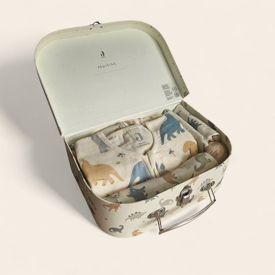 Kraamcadeau Dino – groot koffertje met Jollein slaapzak en babyartikelen van Boogybook.