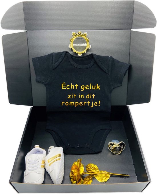 Kraamcadeau echt geluk in dit rompertje zwart goud - baby cadeau - kraampakket - rechtstreeks opsturen met boodschap ook mogelijk 100% biologisch katoen van Bofun