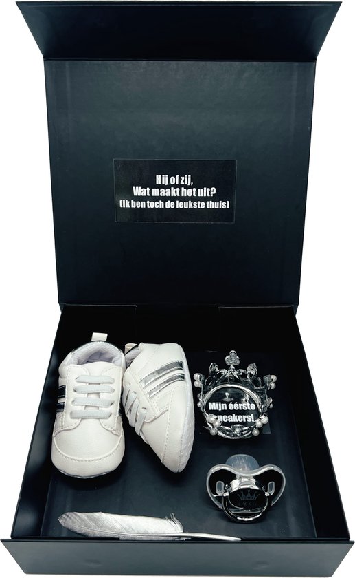 Kraamcadeau eerste sneakerbox HIJ of ZIJ met speen - cadeau gender reveal, kraamcadeau unisex, babyshower - cadeau voor zwangerschap - kan ook rechtstreeks worden verstuurd van Kleintjes Baby.