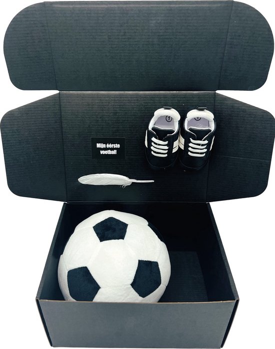 Kraamcadeau Eerste Voetbal box Zwart - Kraamcadeau jongen met voetbal en babysneakers - cadeau geboorte baby, geboortegeschenk, ook rechtstreekse levering - diverse kleuren - zwart