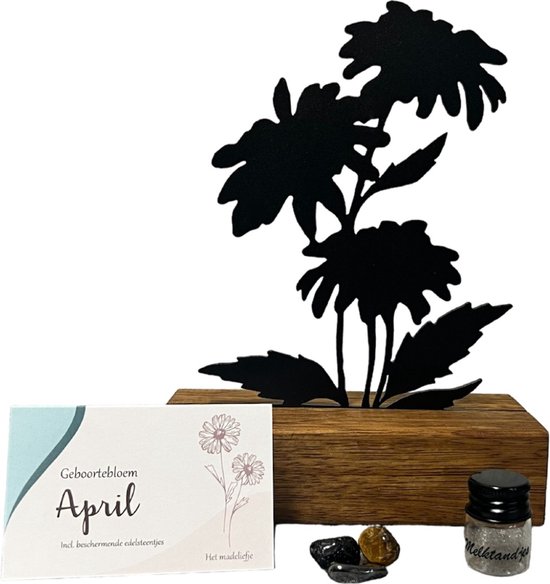 Kraamcadeau - geboortebloem beeld- April- Madeliefje - mét tandendoosje / potje / haarlokpotje en beschermende edelsteentjes - metaal in houten sokkel - geboorte cadeau van Cassius Collections