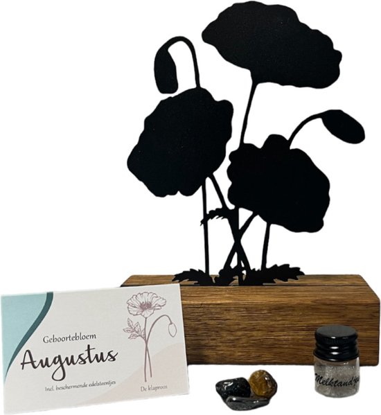 Kraamcadeau - geboortebloem beeld- AUGUSTUS- klaproos - mét tandendoosje / potje / haarlokpotje en beschermende edelsteentjes - metaal in houten sokkel - babyshower cadeau van Cadeauhuisje