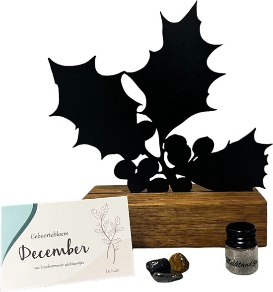 Kraamcadeau - geboortebloem beeld- DECEMBER - de Hulst - mét tandendoosje / potje / haarlokpotje en beschermende edelsteentjes - metaal in houten sokkel - baby cadeau - babyshower cadeau van Geboortebloem