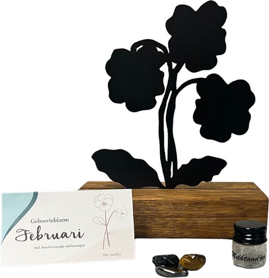 Kraamcadeau - geboortebloem beeld- Februari - Viooltje - mét tandendoosje / potje / haarlokpotje en beschermende edelsteentjes - metaal in houten sokkel - uniek design van LPCreation.