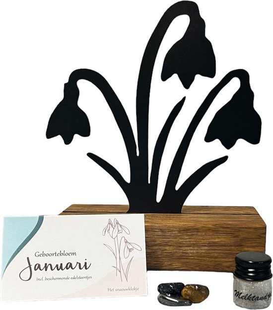 Kraamcadeau - geboortebloem beeld- Januari- Sneeuwklokje - mét tandendoosje / potje / haarlokpotje en beschermende edelsteentjes - metaal in houten sokkel - uniek design van Rike verkoopt.