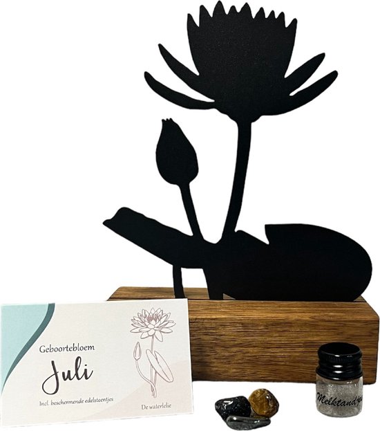 Kraamcadeau - geboortebloem beeld- JULI - Waterlelie - mét tandendoosje / potje / haarlokpotje en beschermende edelsteentjes - metaal in houten sokkel - baby cadeau - babyshower cadeau van Brubbelbaby.