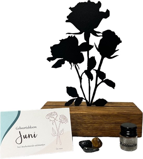 Kraamcadeau - geboortebloem beeld- JUNI - roos - mét tandendoosje / potje / haarlokpotje en beschermende edelsteentjes - metaal in houten sokkel - baby cadeau - babyshower cadeau van Merkloos