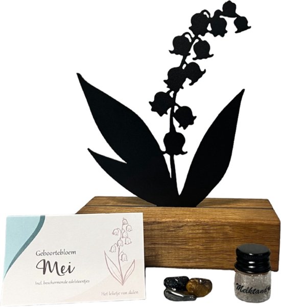Kraamcadeau - geboortebloem beeld- MEI - Lelietje van dalen - mét tandendoosje / potje / haarlokpotje en beschermende edelsteentjes - metaal in houten sokkel - babyshower cadeau van Loua Loua.