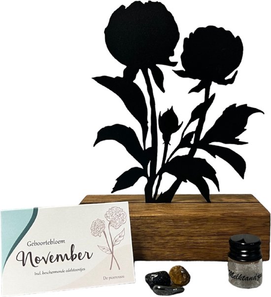 Kraamcadeau - geboortebloem beeld- NOVEMBER - Pioenroos - mét tandendoosje / potje / haarlokpotje en beschermende edelsteentjes - metaal in houten sokkel - baby cadeau - babyshower cadeau van Moojonet