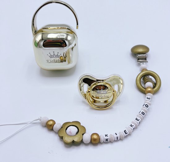 kraamcadeau gouden speenset speenkoord - fopspeen speenkoord en speenhouder - luxe fopspeenset Kiekeboe - kan ook rechtstreeks als cadeau worden verstuurd - babyshower - kraamkado baby van KIEKEBOE
