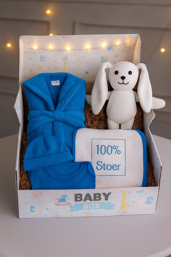 Kraamcadeau Jongen Blauw – Luxe Baby Giftset met Badcape, Badjas, Knuffel, Rompertje, Mutsje & Slab – Babyshower Cadeau – Blijeitje & Funnies van Merkloos