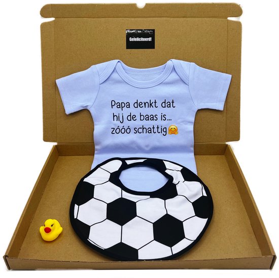 Kraamcadeau jongen, blauwe romper, voetbal slabbetje, kraamkado kan ook rechtstreeks worden verstuurd van Merkloos