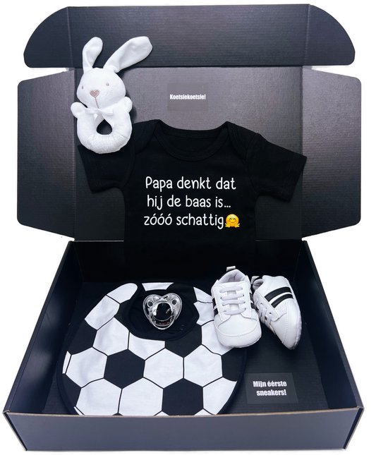 Kraamcadeau jongen - exclusief kraamcadeau me zwarte romper, slabbetje speen babyschoentjes - rechtstreeks verzenden mogelijk van Ah, welkom.