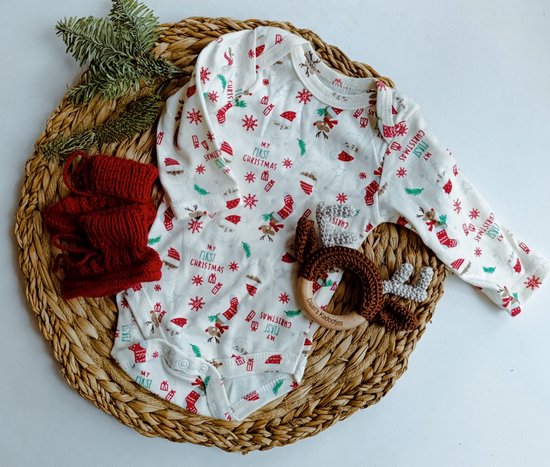 Kraamcadeau Kerst – Romper, Slofjes & Bijtring – Unisex – My First Christmas van Merkloos