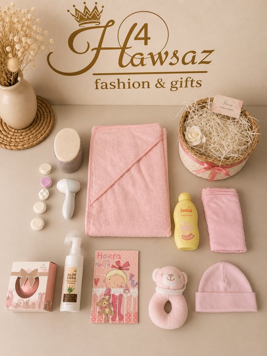 Kraamcadeau Meisje 17 stuks – Luxe Baby & Mama Cadeaumand – Compleet Geboortecadeau met Zwitsal en Verzorgingsproducten - Hawsaz.nl Cadeau - Badcape - Babygeschenkset - Babyshower - Gepersonaliseerde cadeaus - Babyverzorging