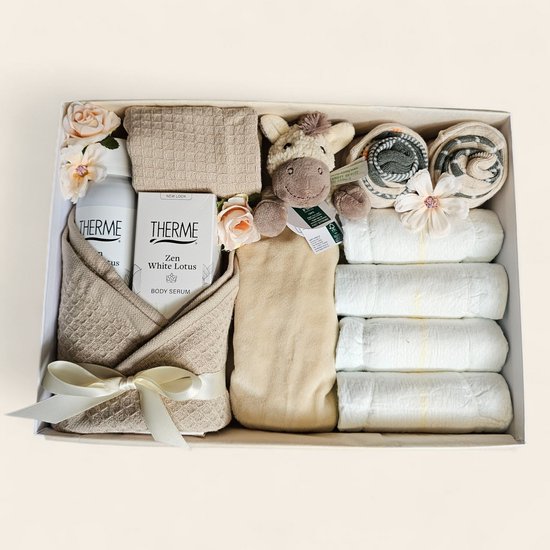 Kraamcadeau meisje en mama - Happy Horse Helma knuffeldoekje, sokjes, luiers & Therme Zen voor mama - Luxe doos