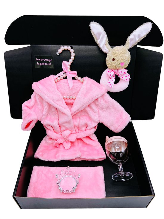 kraamcadeau meisje, groot kraamcadeau- baby badjas - babyfles wijnglas - pluche rammelaar - rechtstreeks versturen mogelijk van Little Dutch