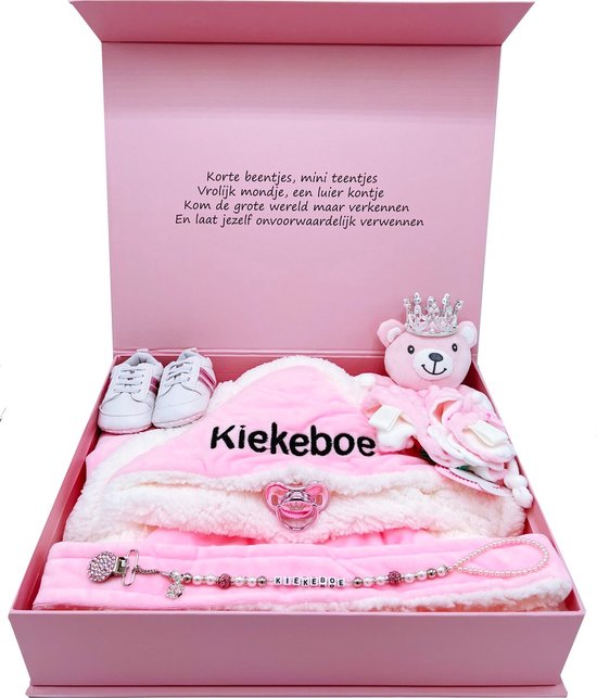 Kraamcadeau meisje - groot kraamcadeau - geboortegeschenk meisje met luxe omslagdoek, teddybeer, speen, speenkoord en babyschoentjes - ook rechtstreeks als cadeau op te sturen