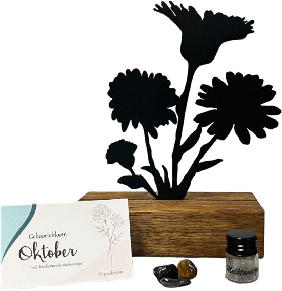 Kraamcadeau meisje jongen - geboortebloem beeld- OKTOBER - goudsbloem - mét tandendoosje / potje / haarlokpotje en beschermende edelsteentjes - metaal in houten sokkel - baby cadeau - babyshower cadeau van Merkloos