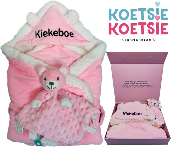 Kraamcadeau meisje - luxe omslagdoek, babycape met knuffel en bijtring - 100 x 100 cm - cadeau geboorte meisje, geboortegeschenk in grote luxe magneetdoos - leverbaar in 2 kleuren van Little Dutch