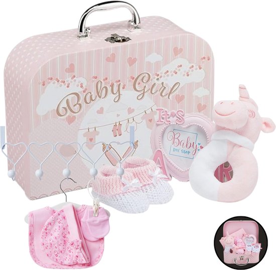 Kraamcadeau meisje met eerste babyuitrusting, babyset inclusief rammelaar, fotolijst, mousseline doek, slabbetje, sokken, handschoenen en muts van Bieco